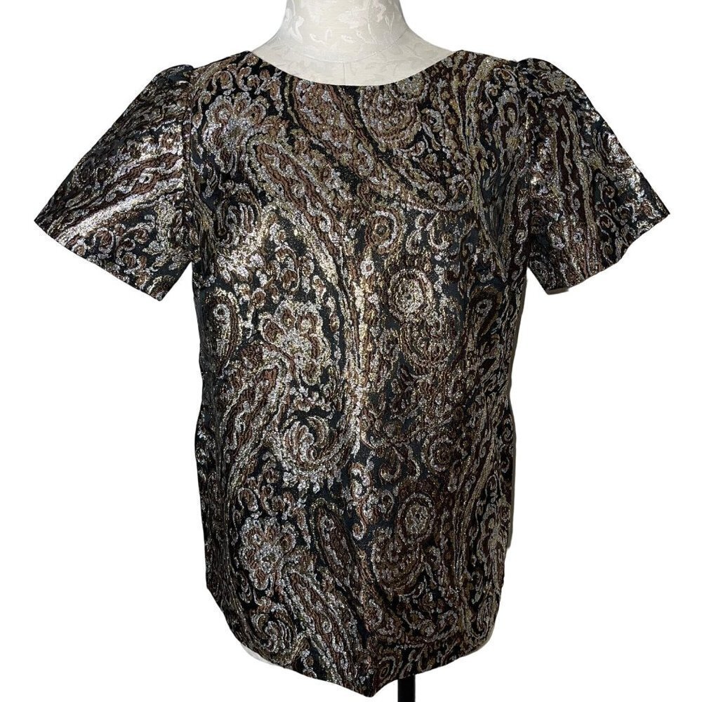 Vintage Womens Top Size Medium Gold Silver Black Metallic Brocade Zipper Back